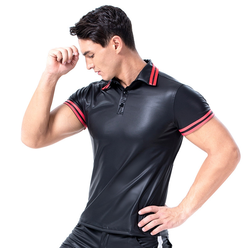 Men's Polo T-shirt with Buttons / Summer Tops with PU Leather Short Sleeve