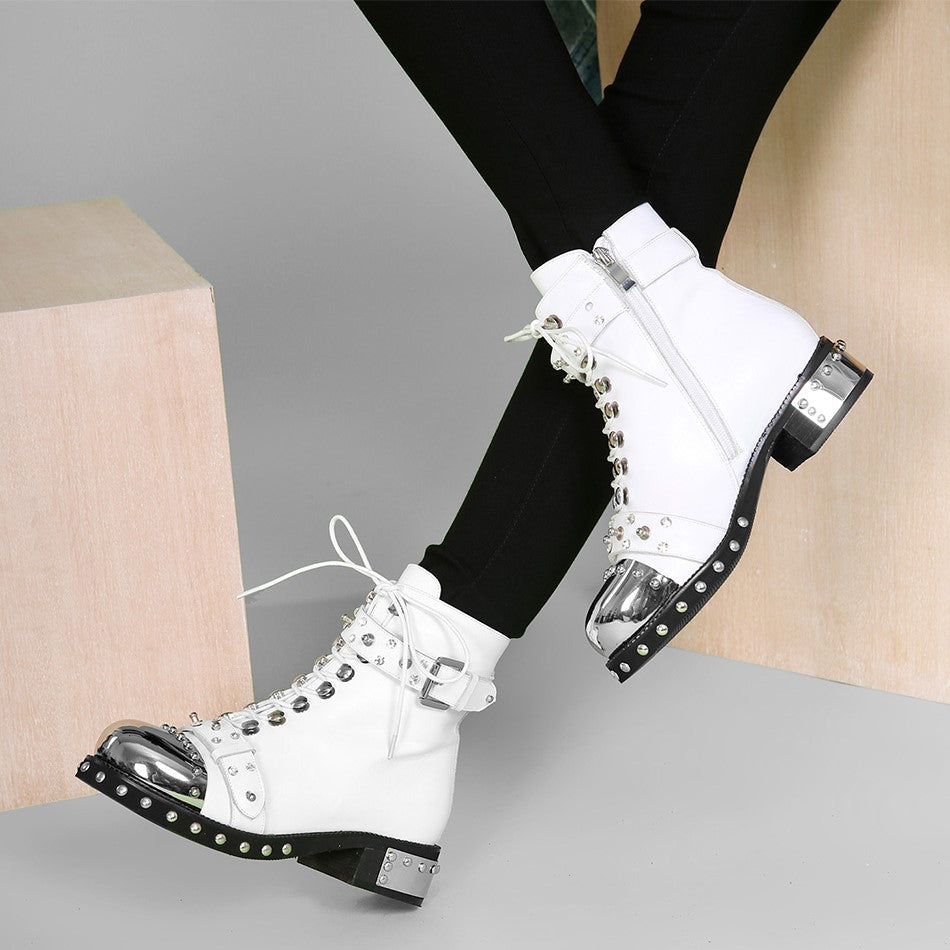 SALE of Genuine Leather Punk Rock Boots / Square Heels Ankle Boots - US