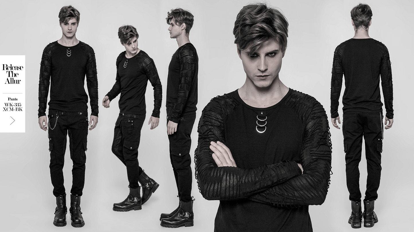 Black Sweatshirt with Ripped Knit Details on the Sleeves for Men