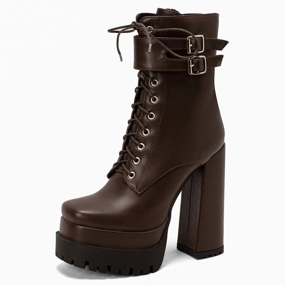 Ladies Square High Heels with Buckle / Stylish Lace-up Platform Ankle Boots