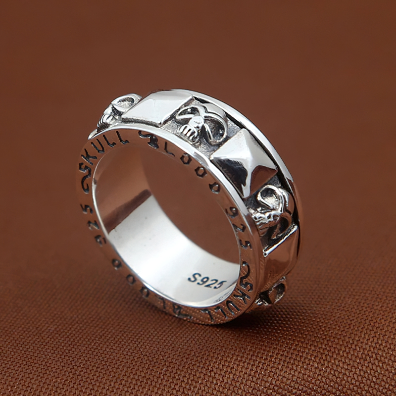 Alternative Stylish 925 Sterling Silver Ring Of Skull Rotate / Unisex Gothic Jewelry