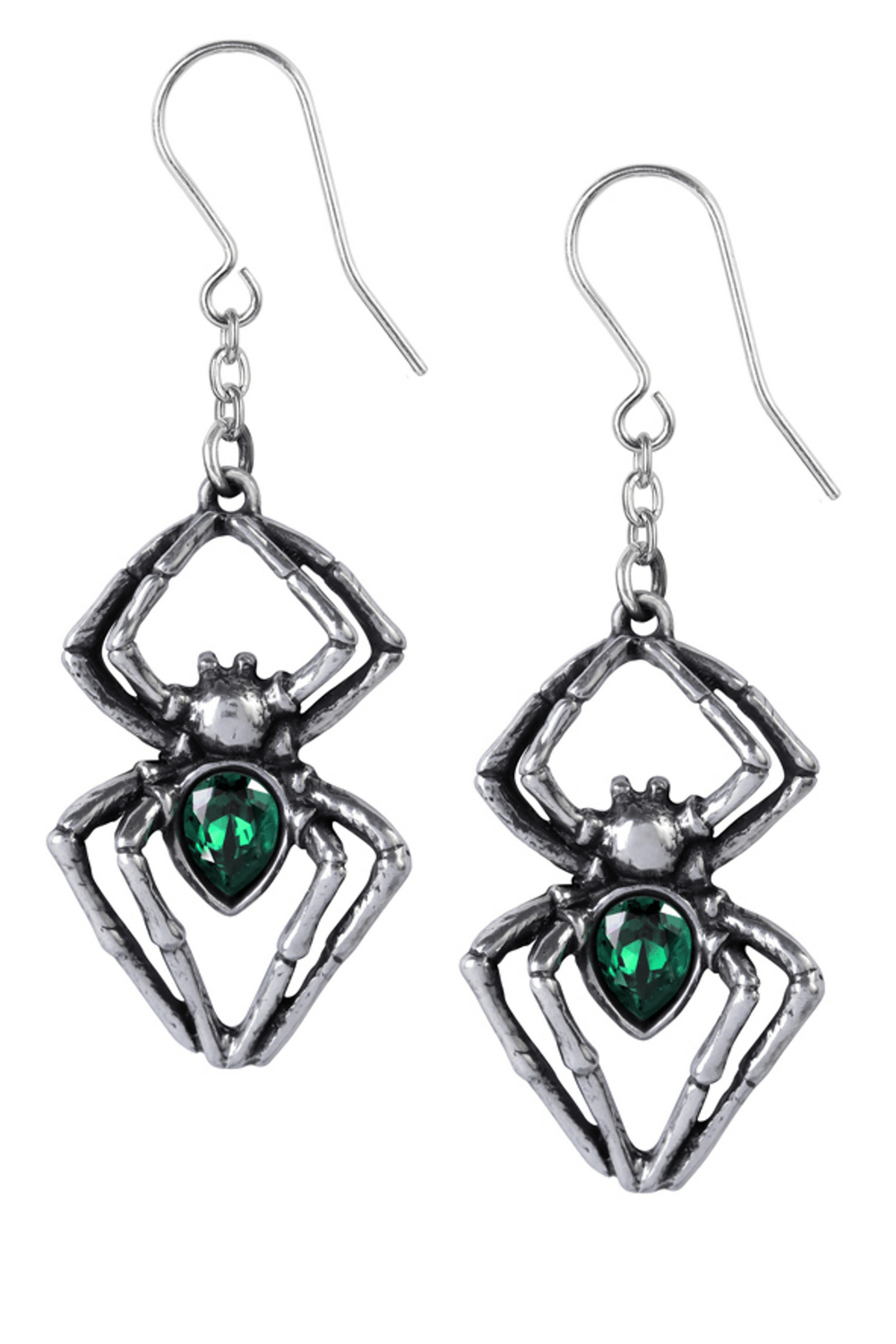Antique Pewter Spider Earrings with Green Austrian Crystals