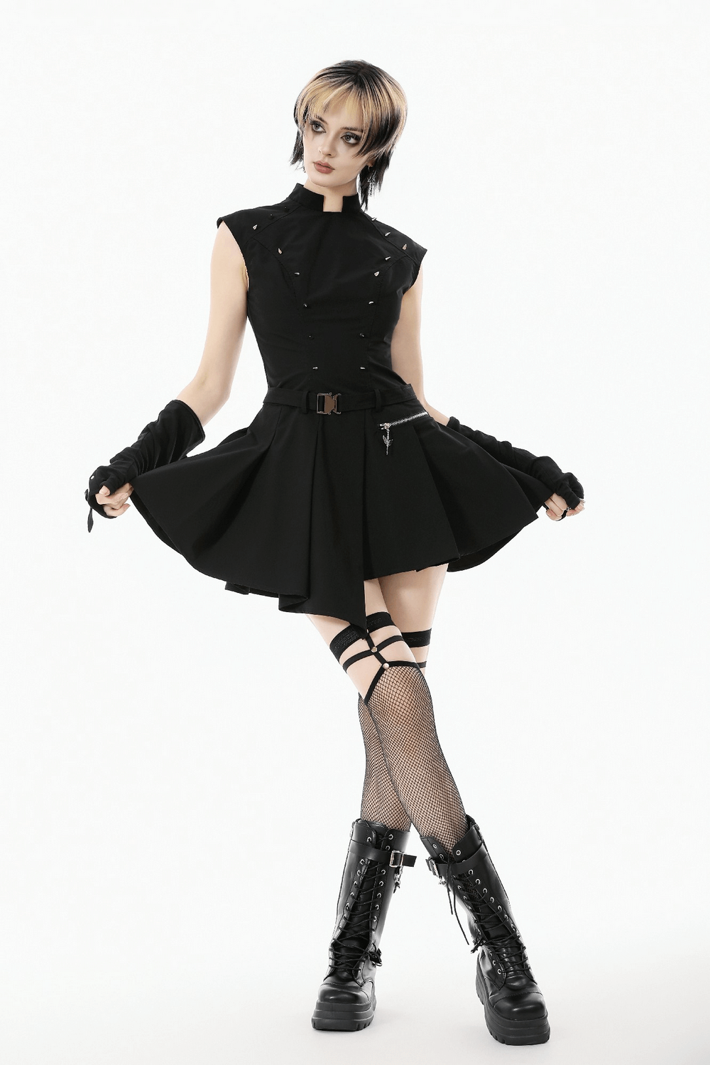 Asymmetric Gothic Studded Dress with Belt and Zipper