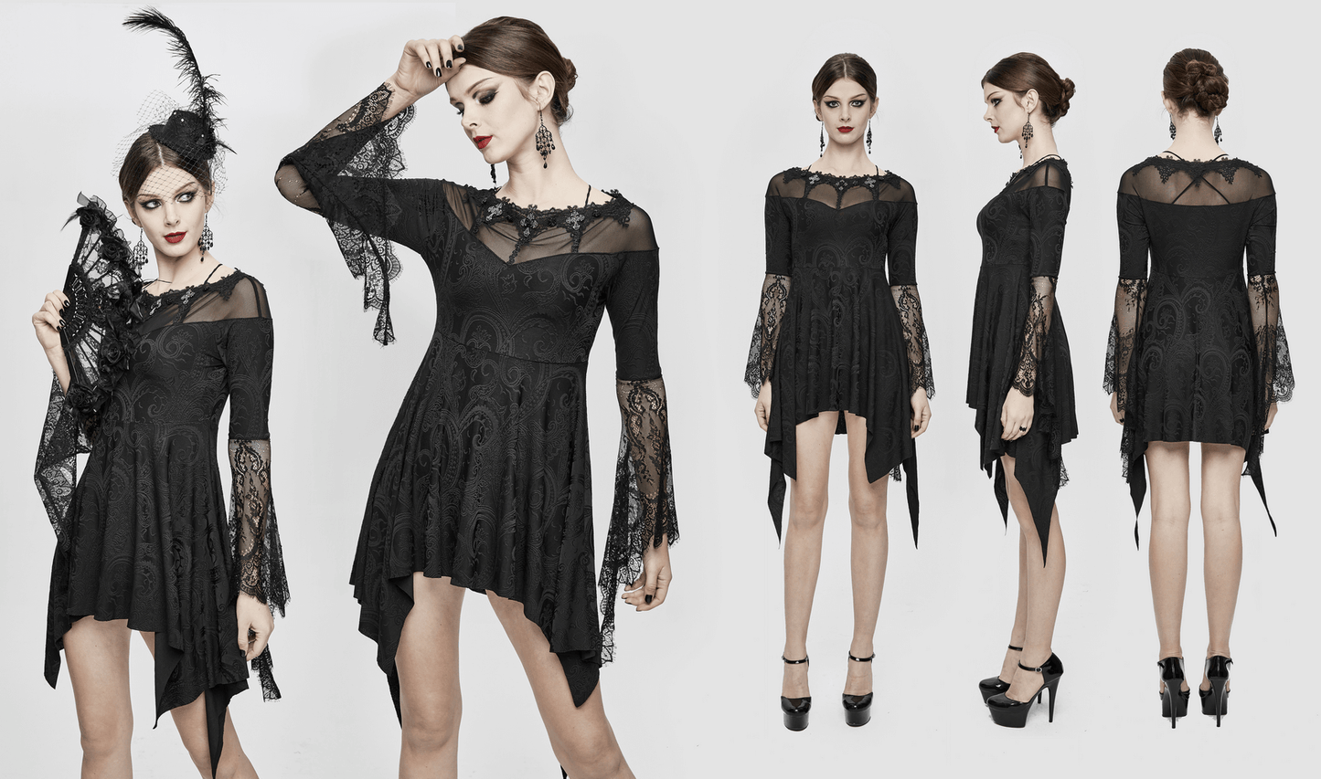 Asymmetrical Gothic Lace Dress with Silver Crosses / Romantic Long Sleeve Fringe Dress