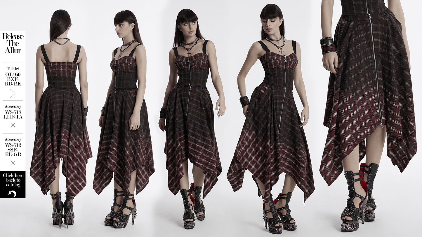 Asymmetrical Gothic Plaid Skirt with Zipper Front