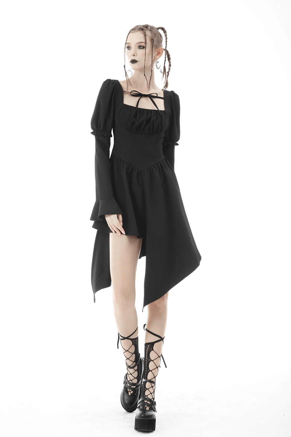 Asymmetrical Hem Dress with Long Sleeves and Choker Neckline