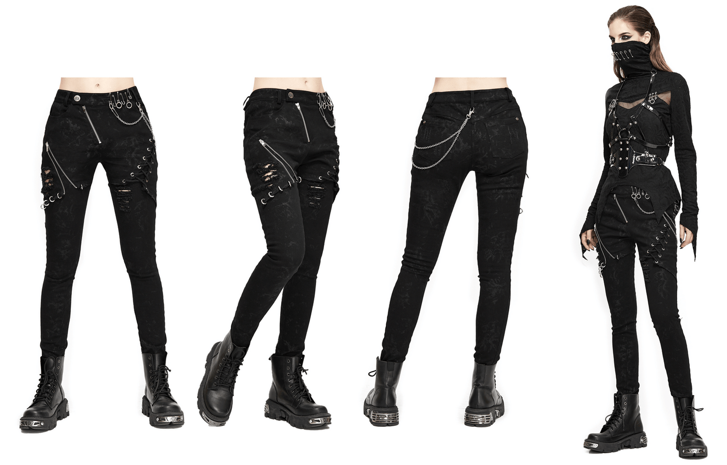 Biker Women's Punk Skinny Jeans with Lace Up / Female Black Grunge Ripped Trousers