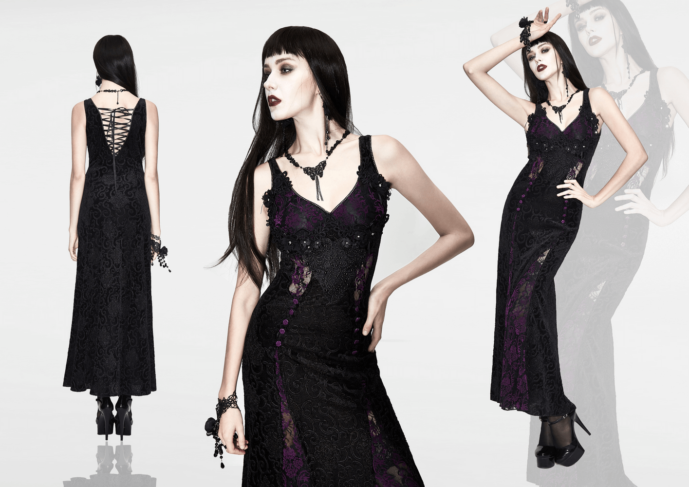 Black And Purple Sexy Gothic Lace Dress / Long Dress With Decorative Roses and Lacing