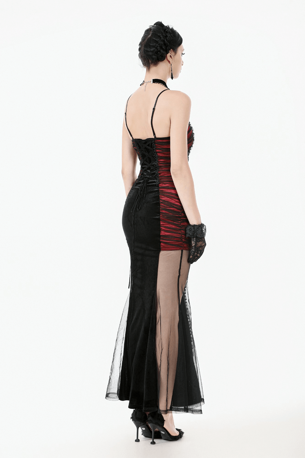 Black and Red Gothic Lace-Up Maxi Dress with Sheer Sides