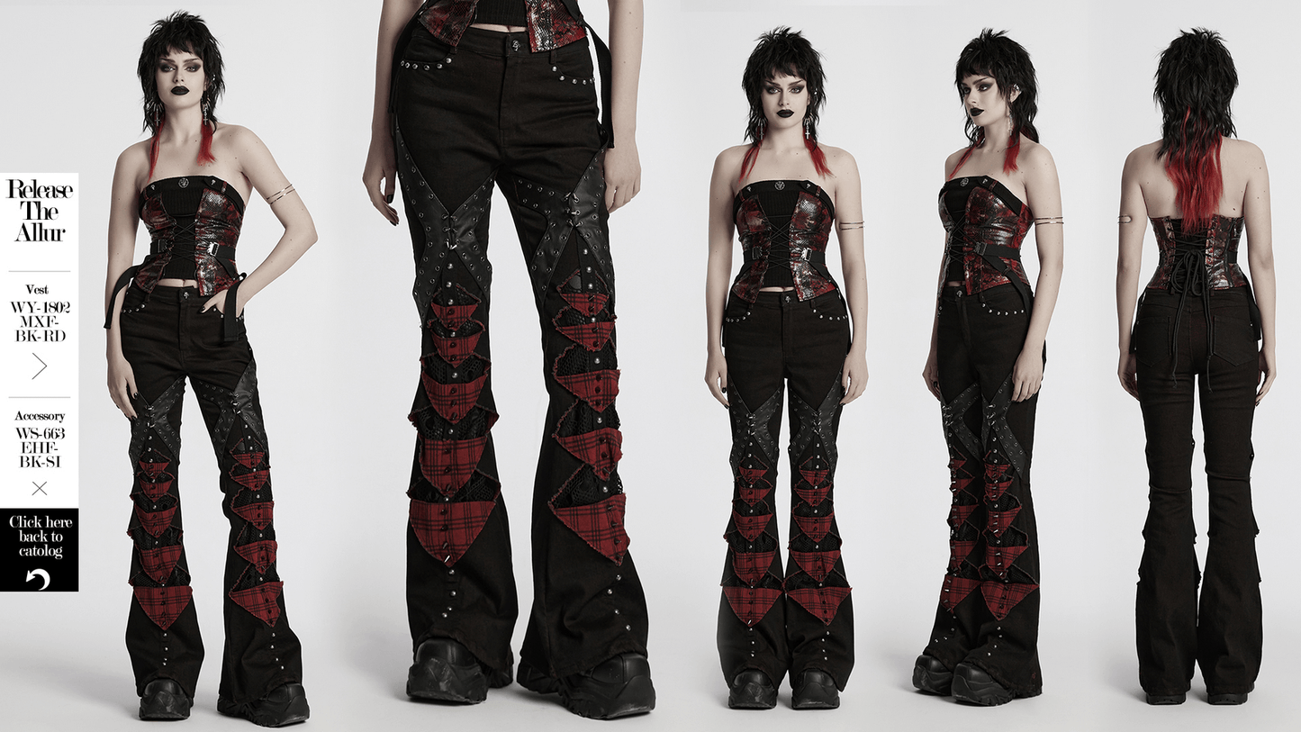 Black and Red Plaid Gothic Flared Pants with Studs
