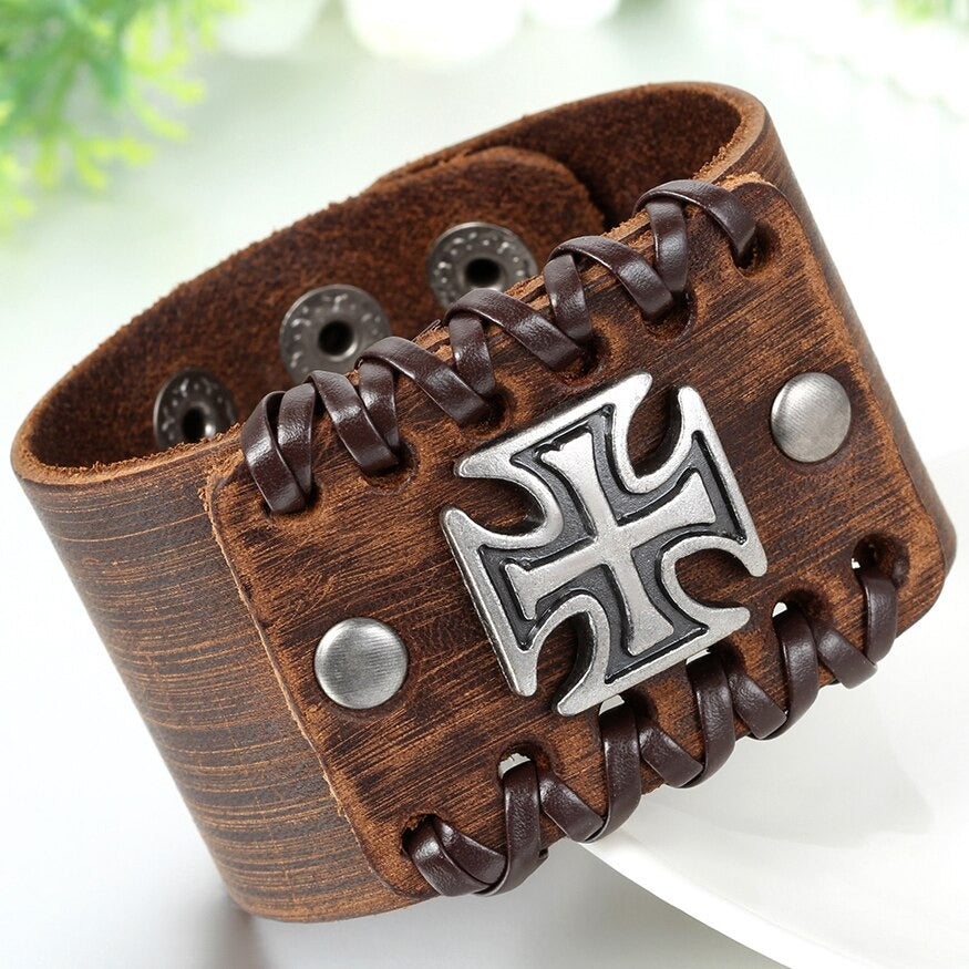 Rock Fashion 4.4CM Wide Brown and Black Leather Bracelet with Celtic Cross on Front