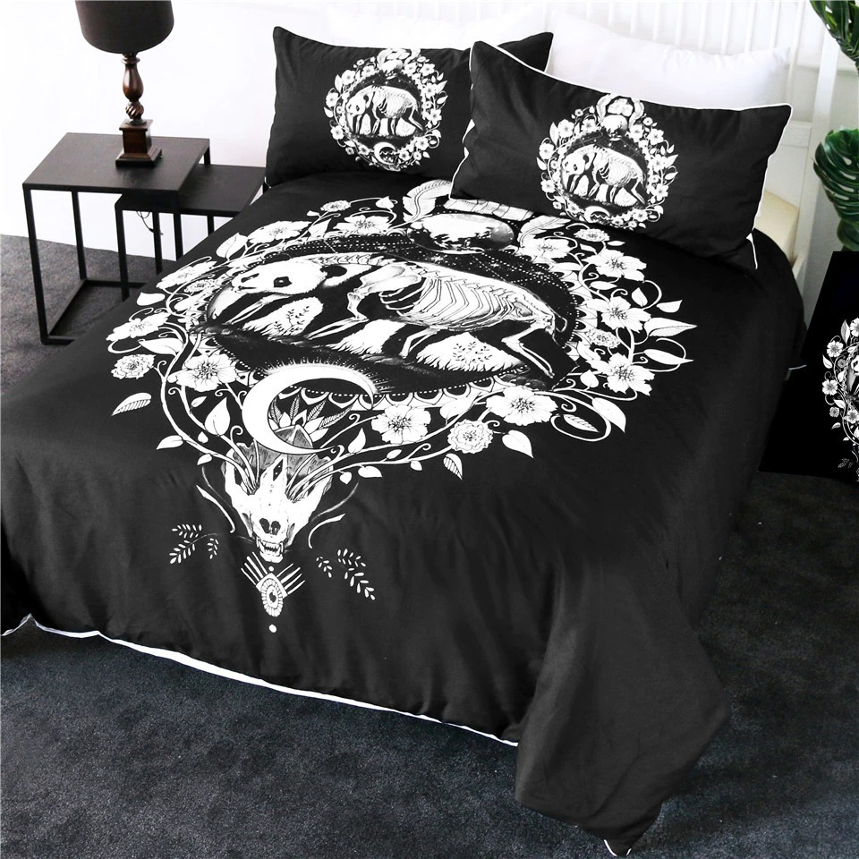 Black Bedding Set With Panda Skeleton Print / Unisex Bedclothes Sets / Fashion Home Textiles