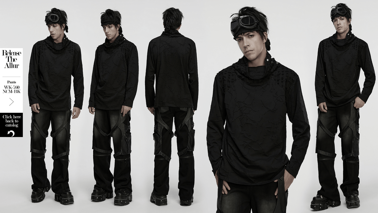 Black Burnout Knit Gothic Top with Stand Collar Design