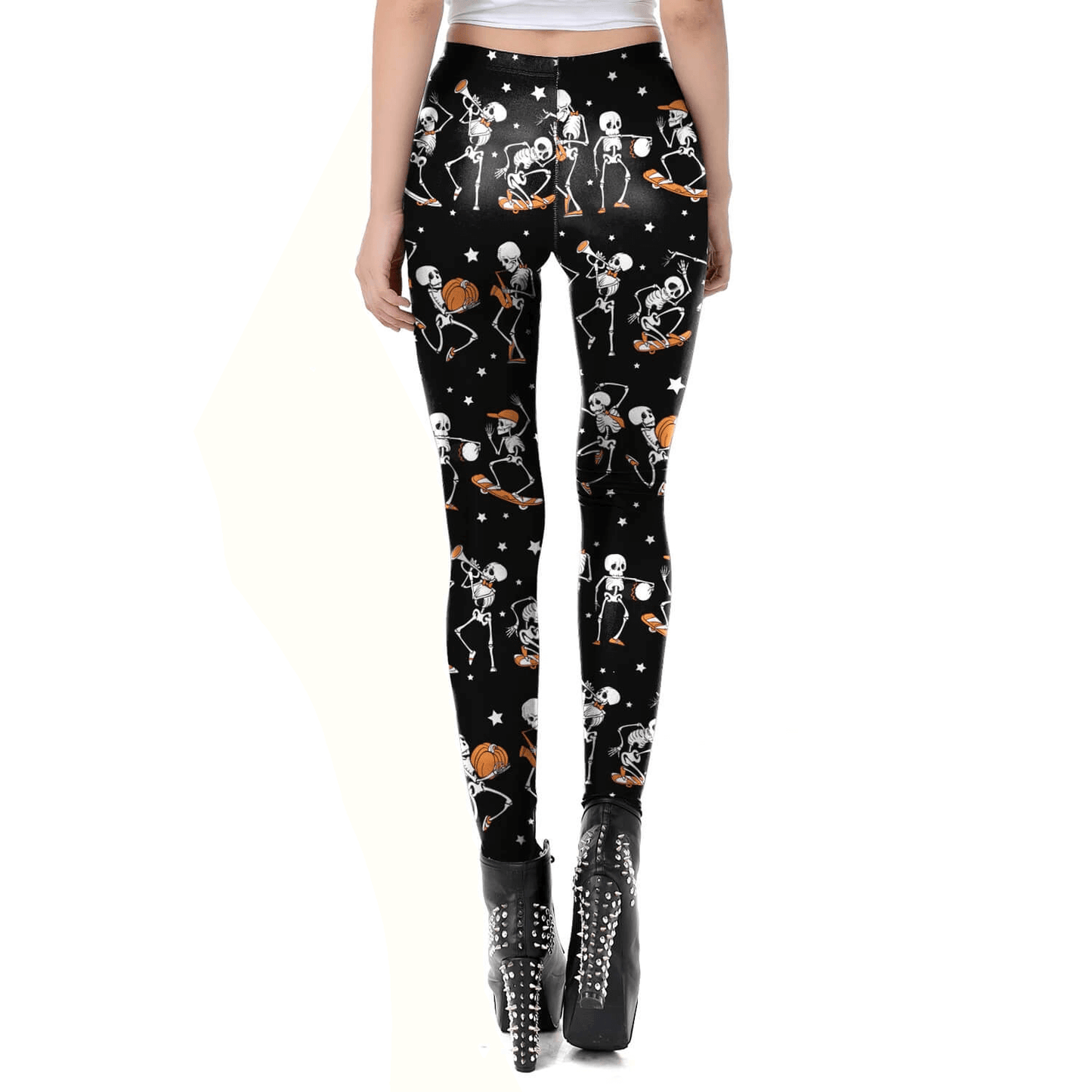 Black Classic Female Leggings with Skulls and Pumpkins for Halloween / Sexy Workout Pants for Women