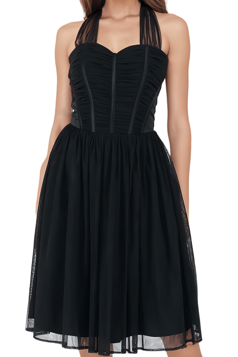 Black Corset Midi Dress with Soft Net Skirt and Side Zipper