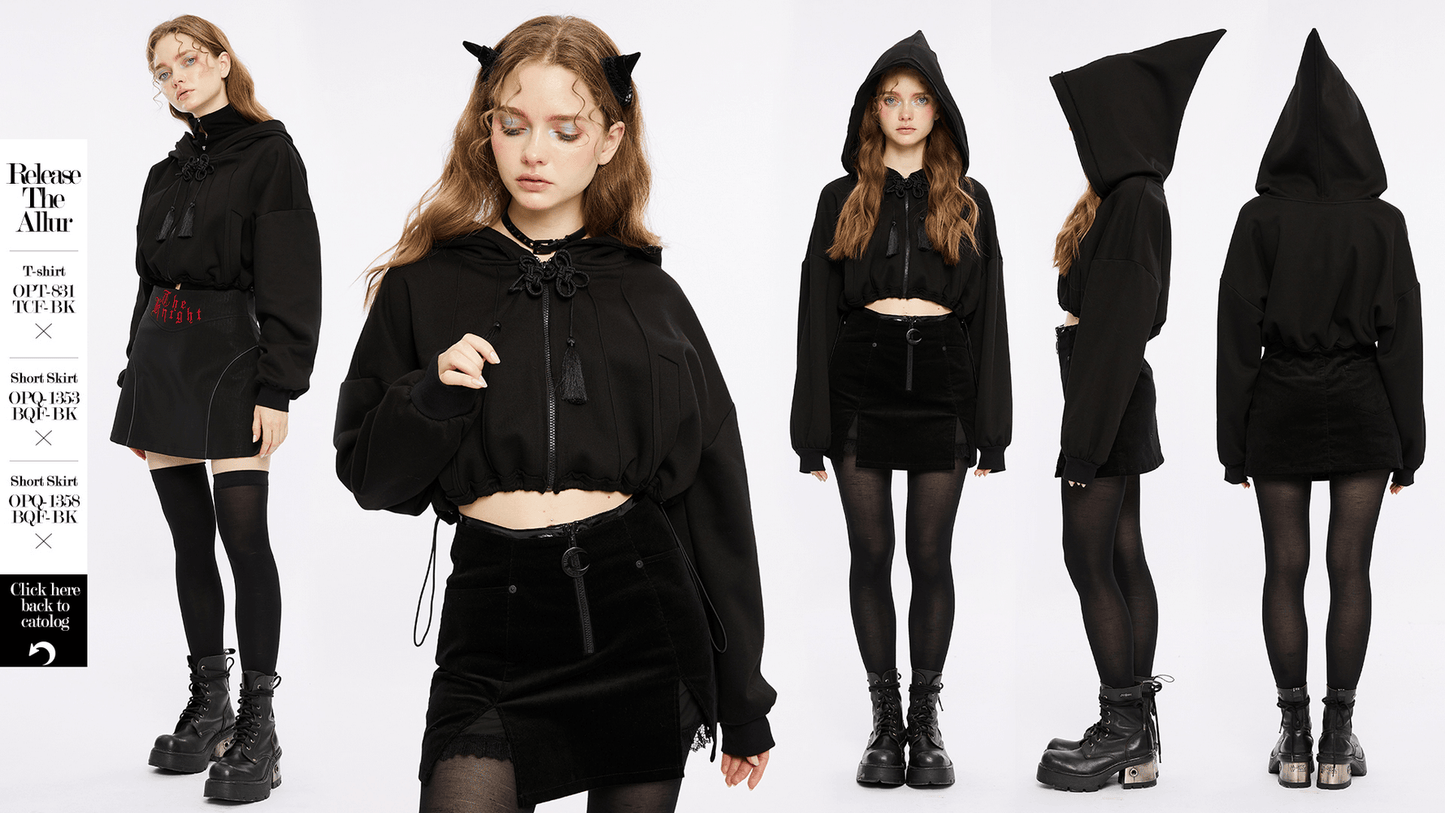 Black Cropped Hoodie with Enchanting Wizard Hood