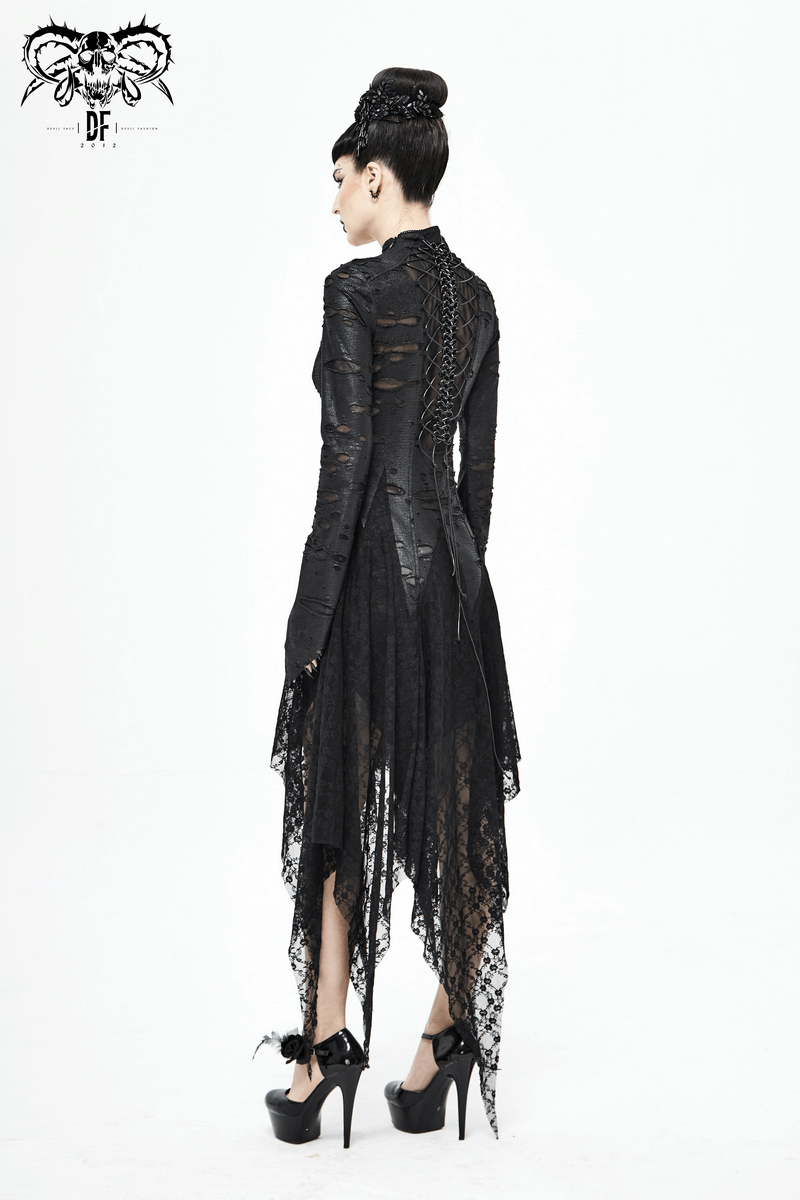 Black 'Dragon Spine' Gothic Dress / Women's Dark Shadow Long Sleeve Irregular Hem Dress