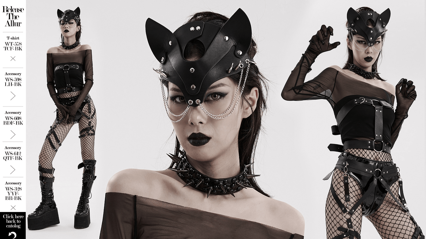 Black Faux Leather Fox Mask with Studs and Chains