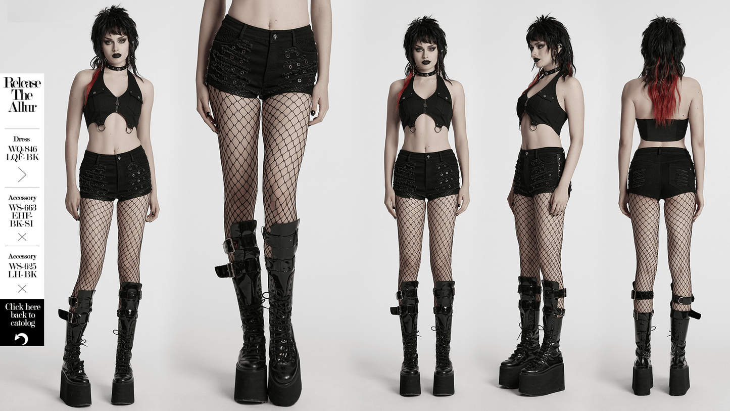 Black Gothic Distressed Denim Shorts with Eyelets