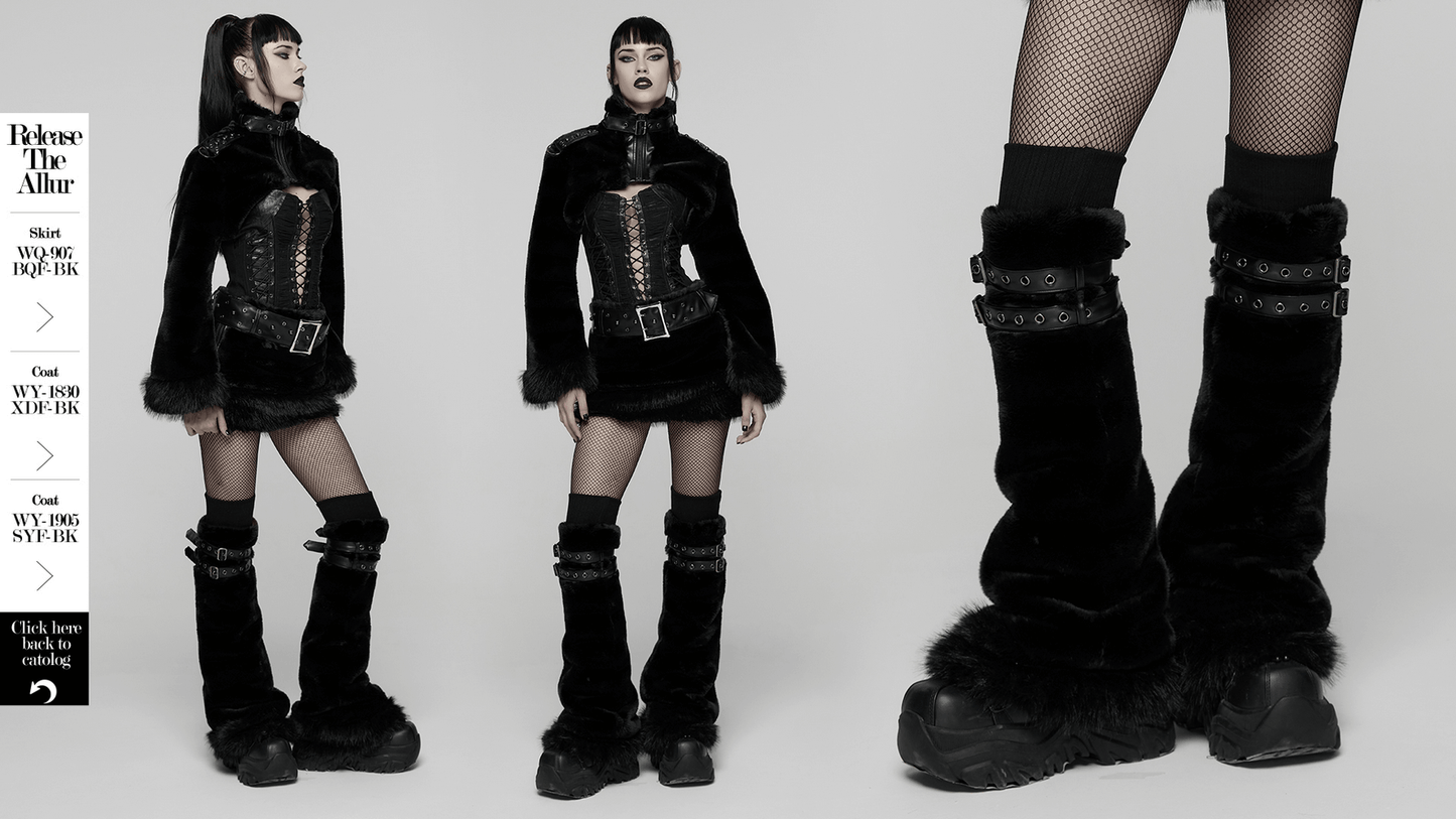 Black Gothic Fur Leg Warmers with Buckle Straps and Trim
