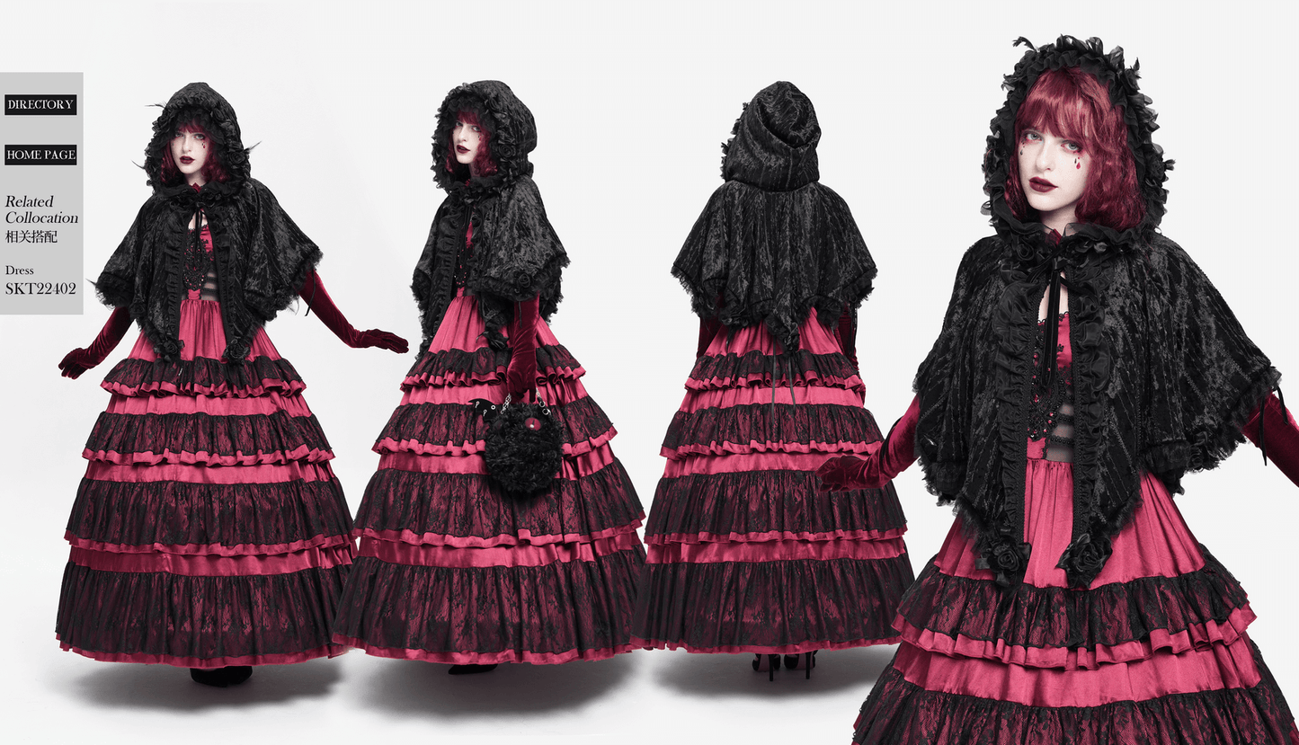 Black Gothic Hooded Lace Cape with Rose Details