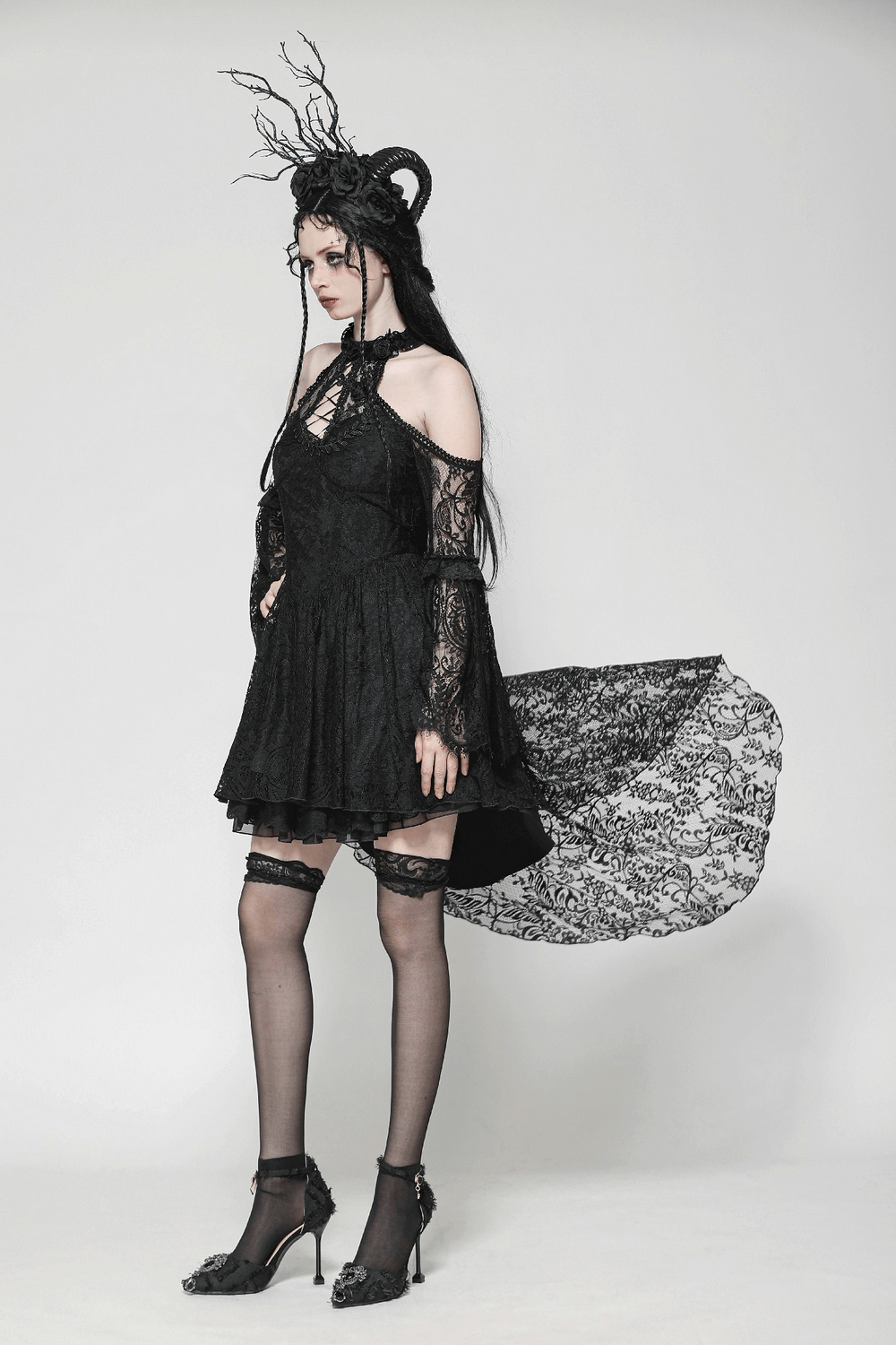 Black Gothic Lace Cutout Dress with Heart Detail and Ruffles