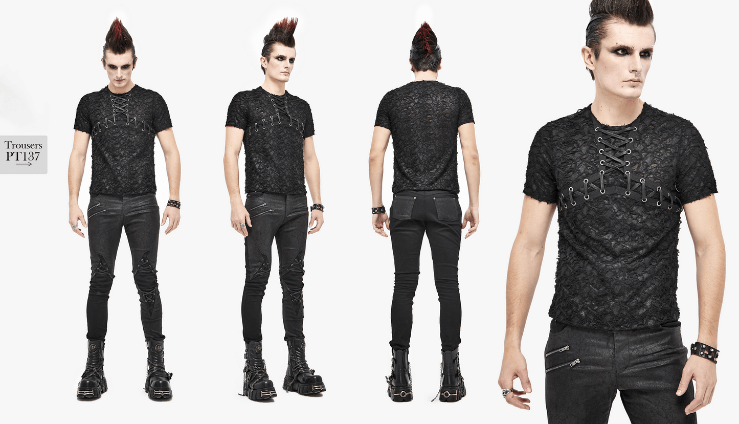 Black Gothic Men's Slim fit T-Shirt / Motorcycle Punk T-shirt with Lace-Up On Neckline & Bust