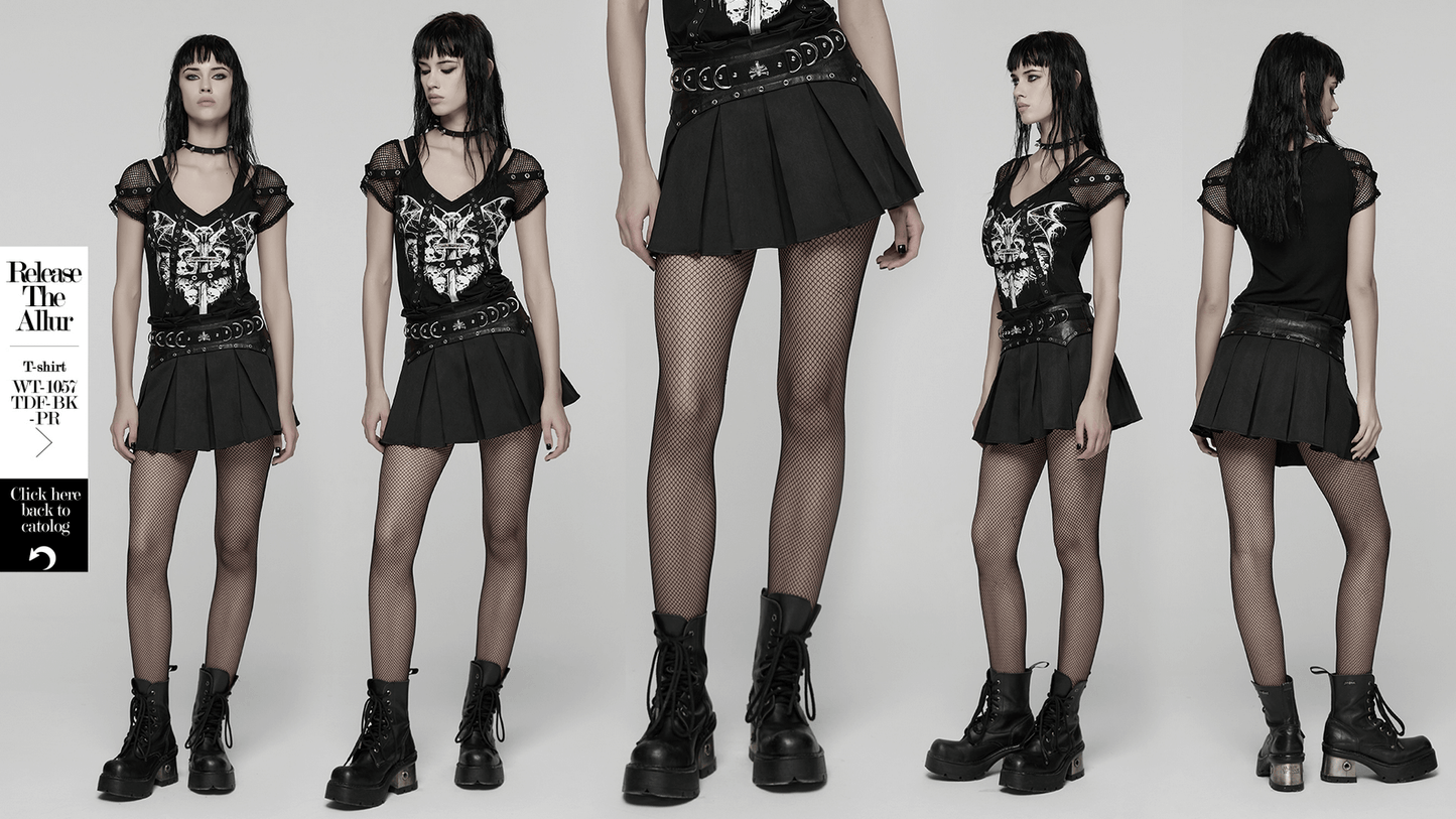 Black Gothic Pleated Mini Skirt with Metal Accents