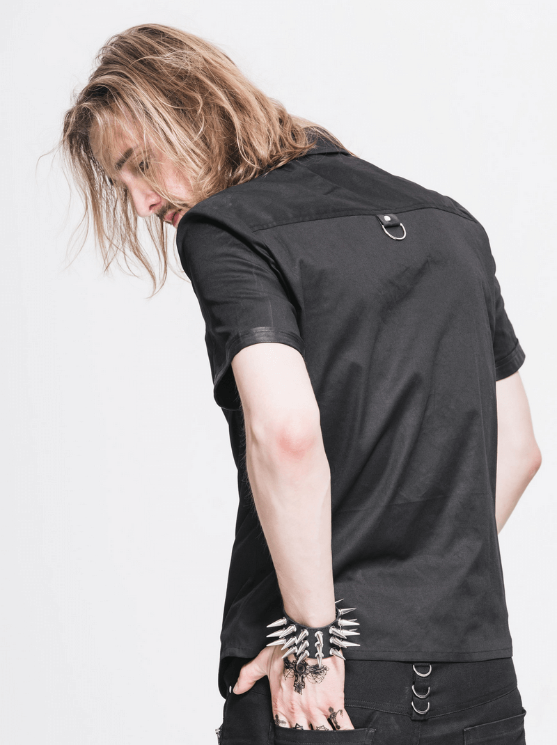 Black Gothic Punk Short Sleeves Shirt for Men / Male Shirts With Shoulder Thin Imitation Leather