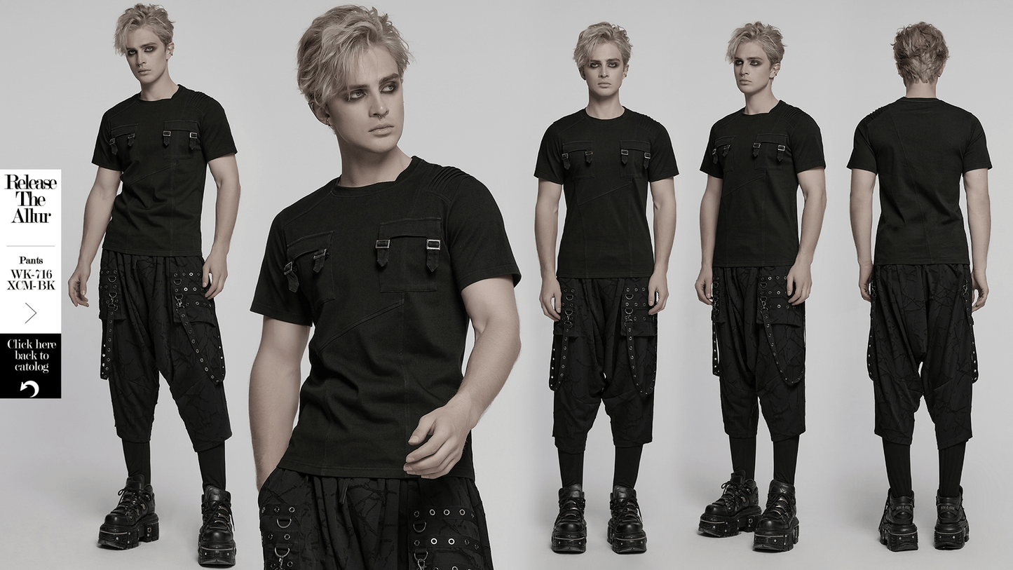 Black Gothic T-shirt with Buckles and Shoulder Detail