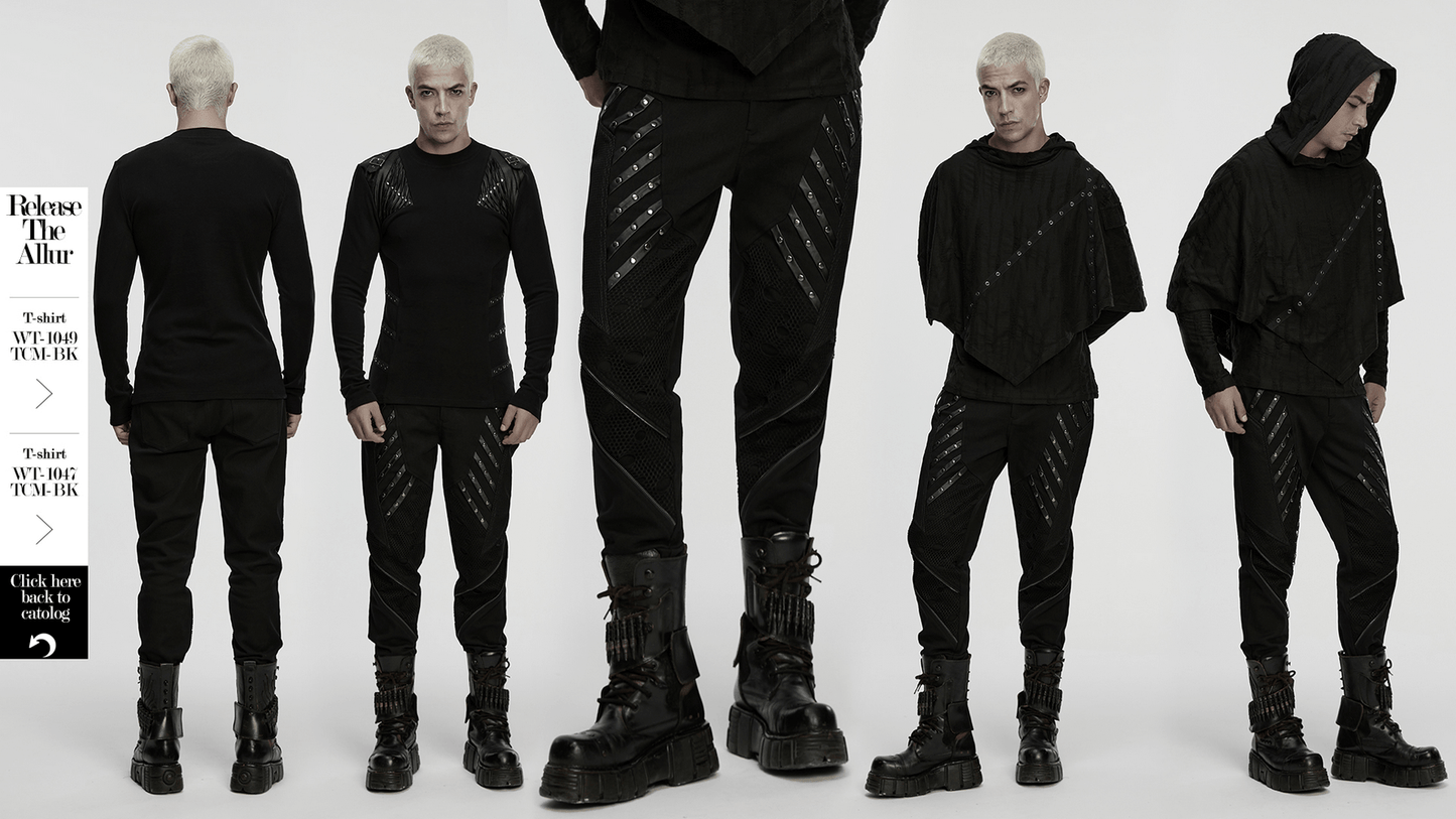Black Gothic Twill Pants with Mesh and Rivet Detailing
