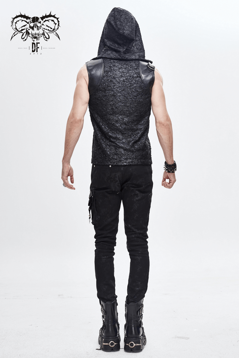 Black Hooded Sleeveless Top / Gothic Lacing on the Neckline T-Shirt with Buckle