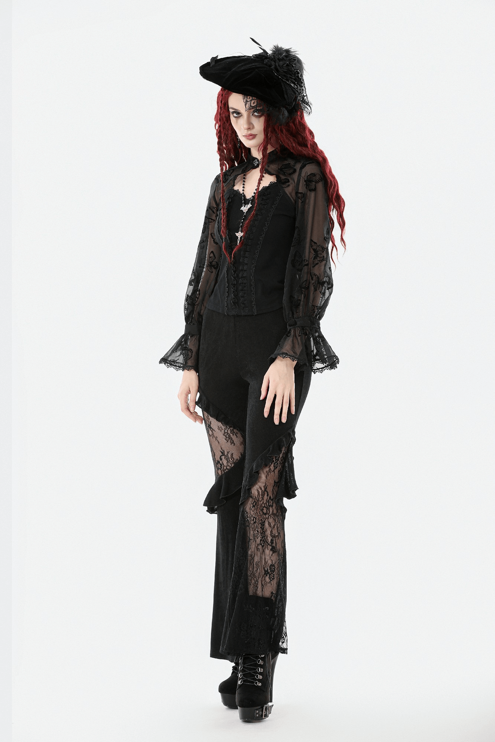 Black Lace and Velvet Butterfly-Detail Victorian Top