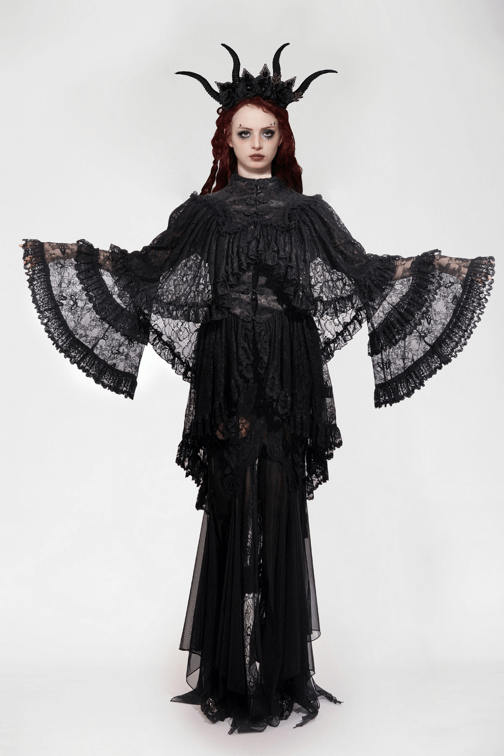 Black Lace Gothic Ruffle Cape with High Collar and Sleeves