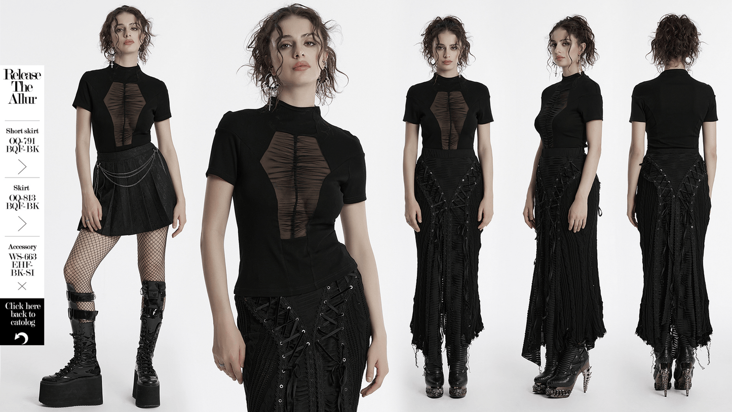 Black Mesh Panel T-shirt with Stand Collar and Gothic Style