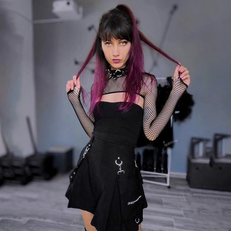 Black Mini Skirt With Strap And Pocket / Sexy High Waist Gothic Skirt / Summer Women's Streetwear