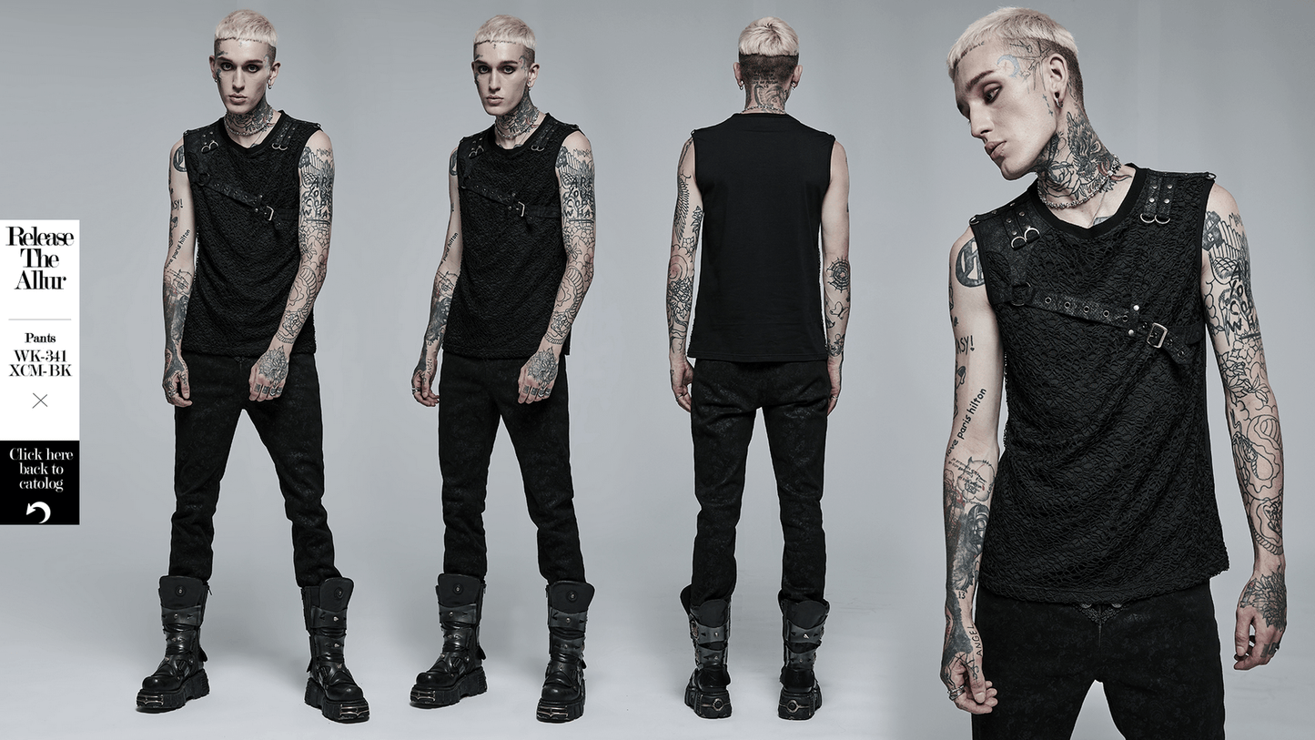 Black Punk Mesh Tank Top with Leather Accents