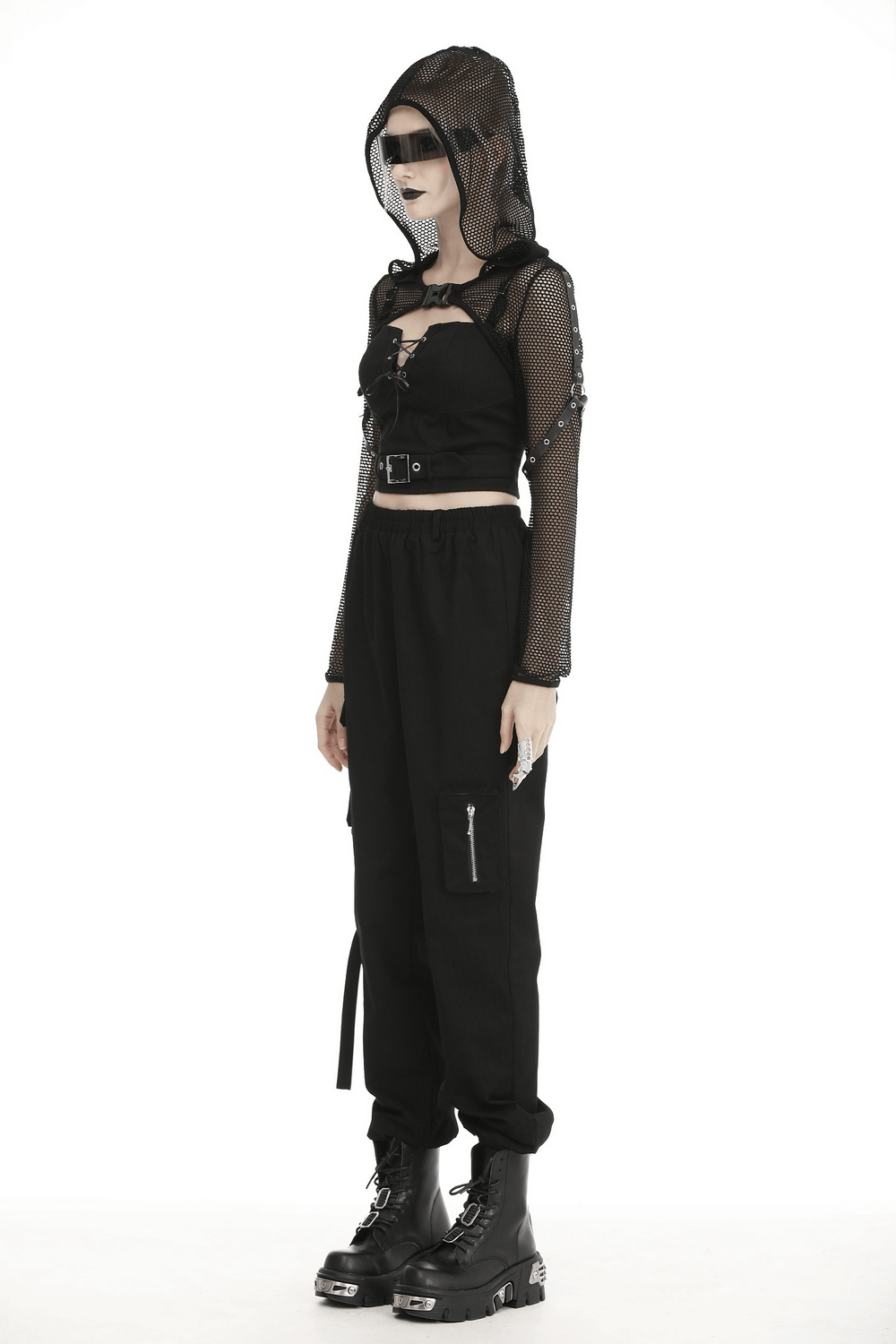 Black Sheer Mesh Hooded Top With Long Sleeves