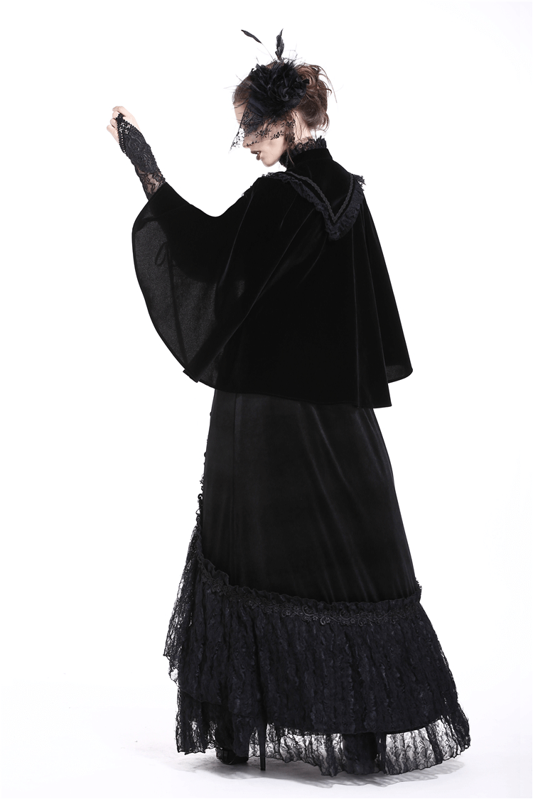 Black Velvet Cape with Embroidered Lace Collar