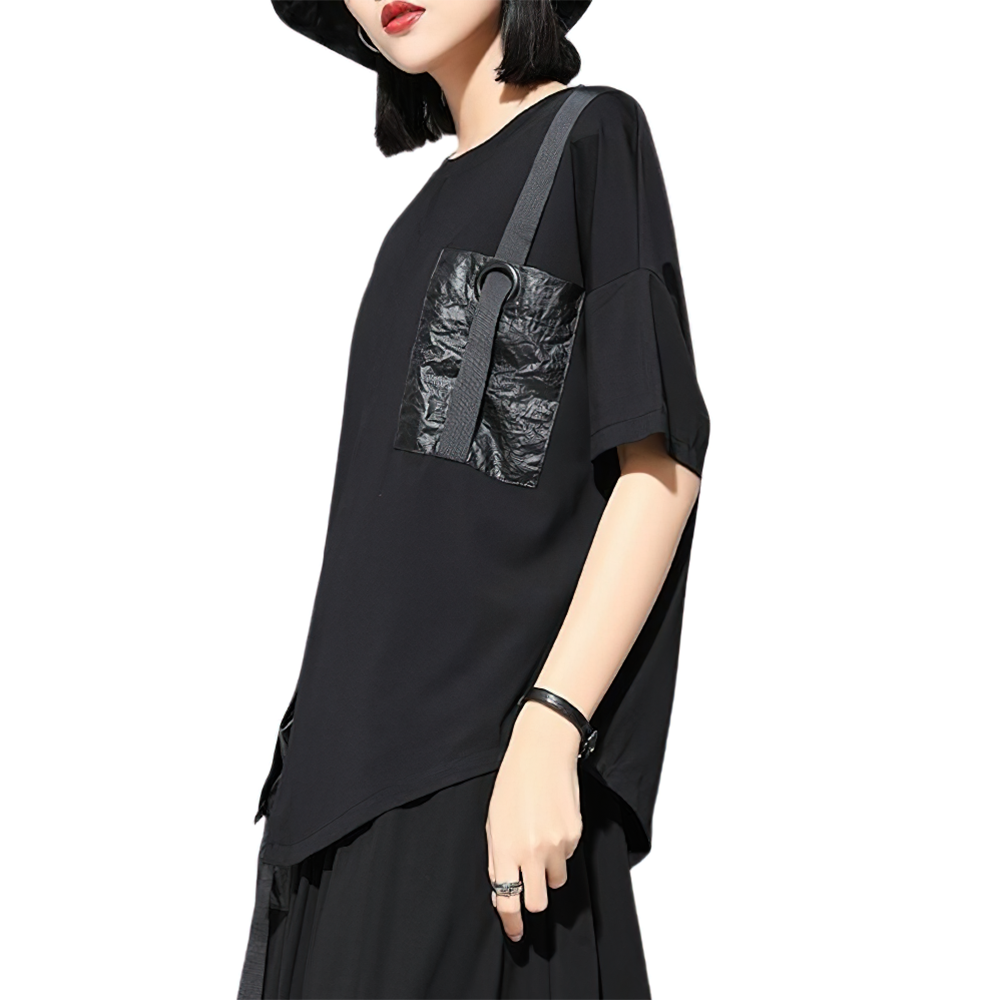 Black Women's Irregular T-Shirt with Pocket & Ribbon / Loose Casual O-Neck Short Sleeve Tshirt