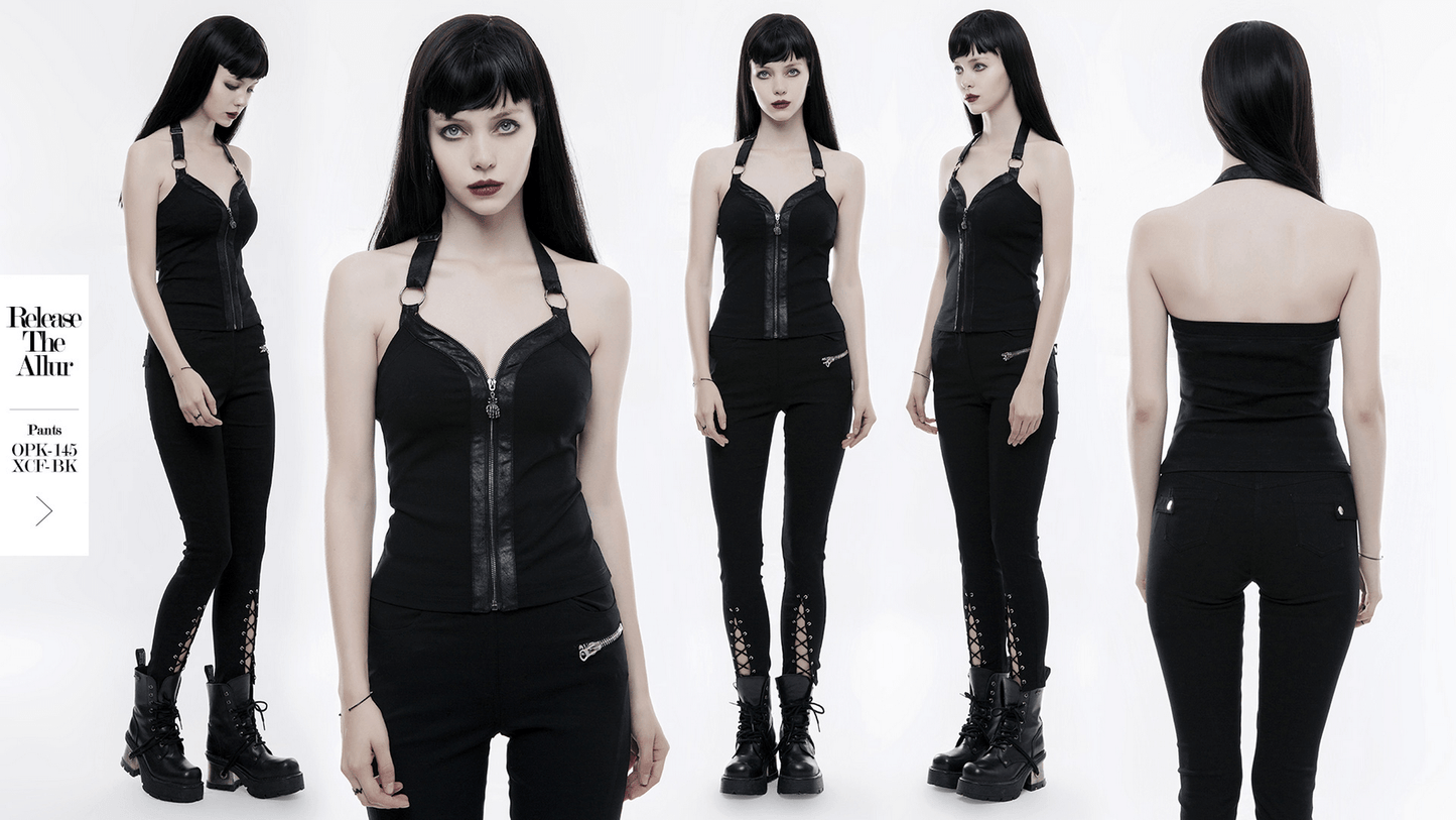 Black Zipper Halter Camisole with Ring Detailing