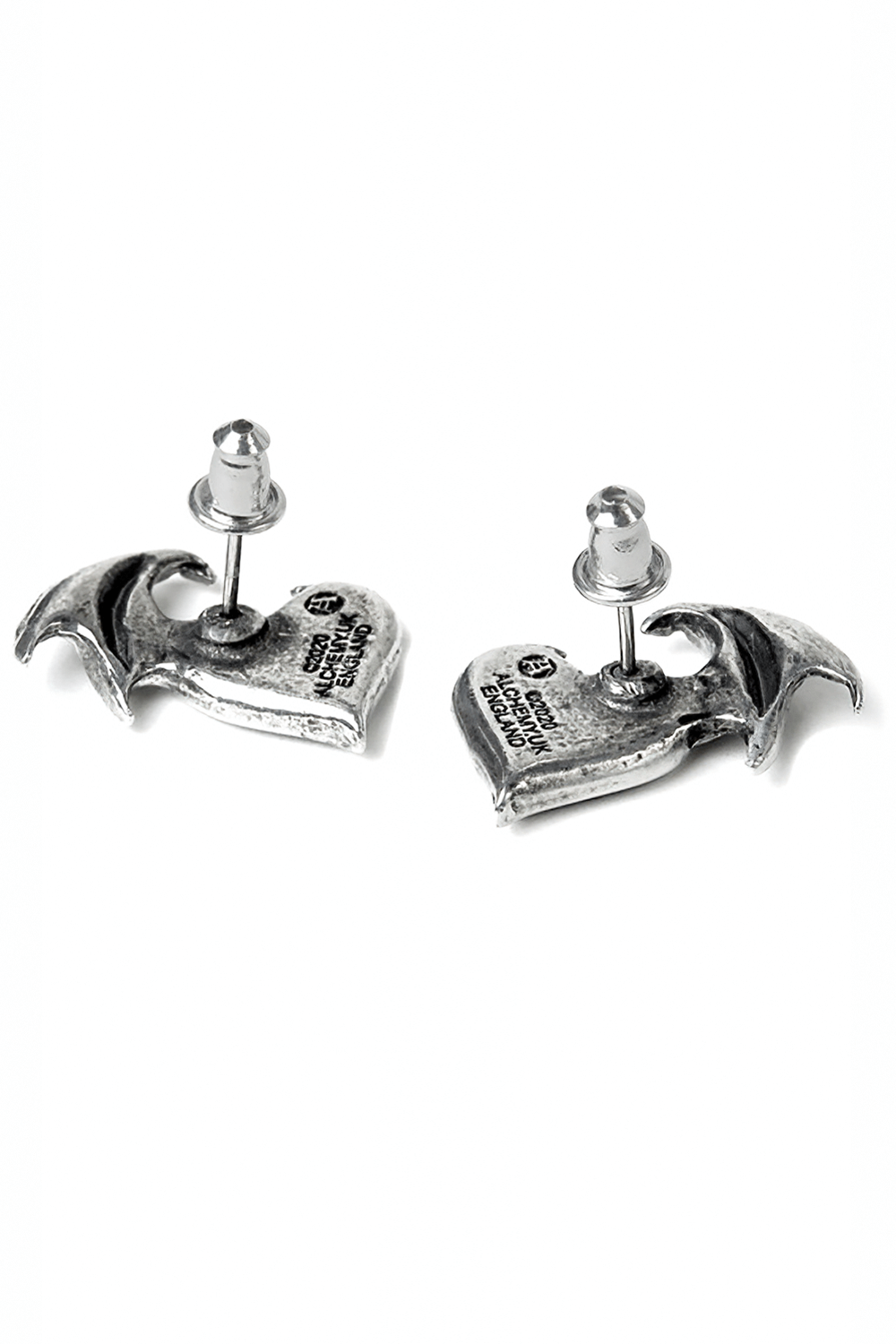 Bold Bat Wing Heart Stud Earrings in Pewter and Enamel
