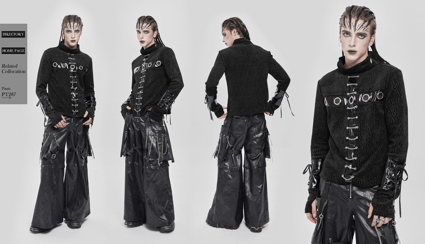 Bold Knit Turtleneck with Faux Leather Straps and Chains