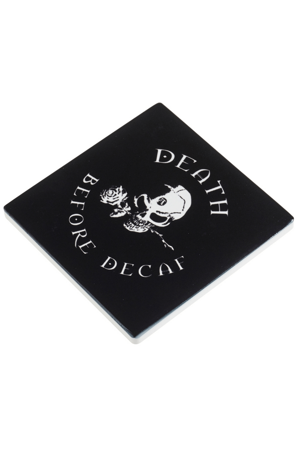 "Death Before Decaf" Skull Coffee Coaster with Rose Design