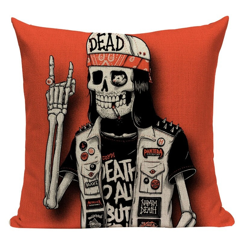 Decorative Pillowcase with Cartoon Skull Print / Square Cotton Pillow with Zipper