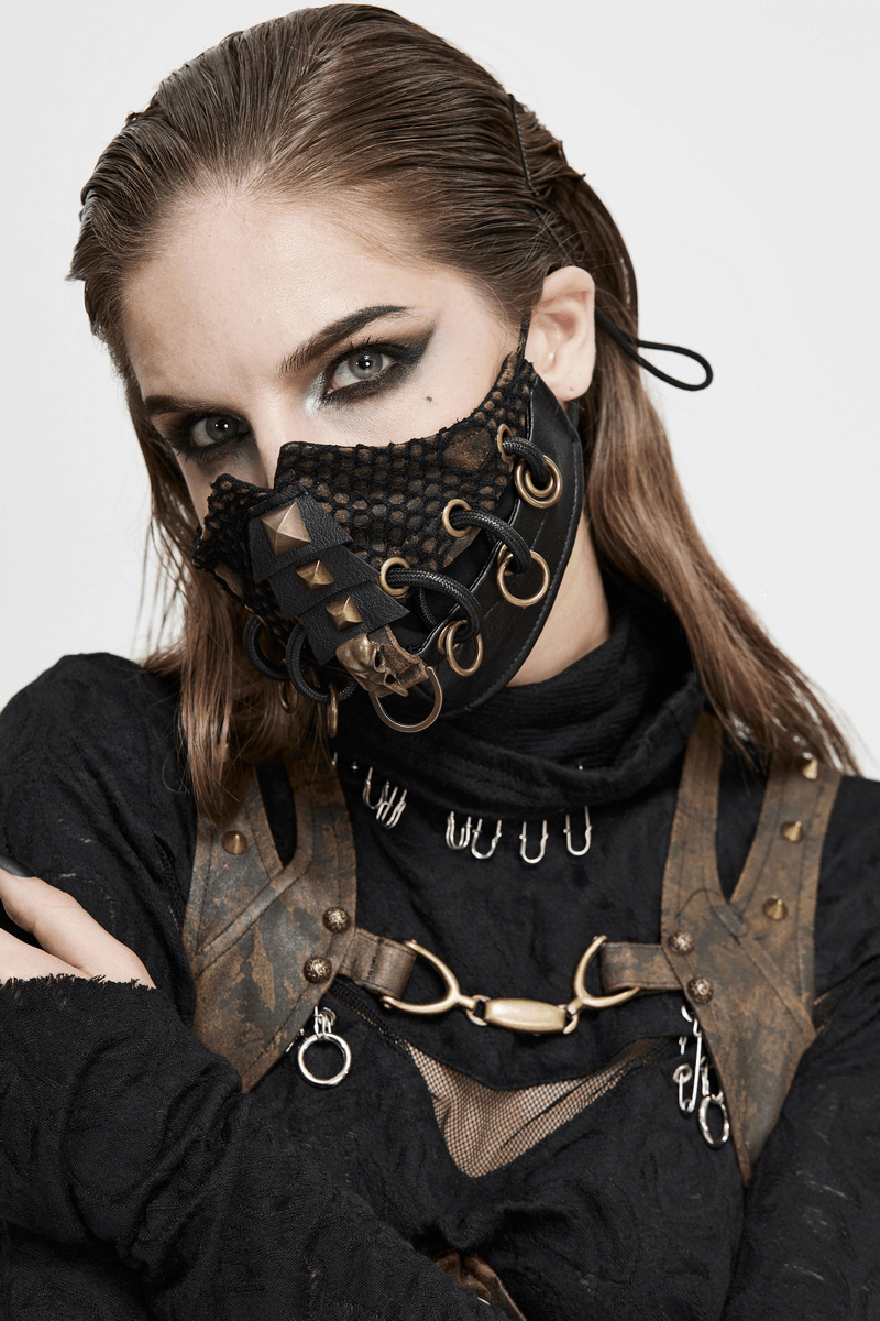 Dieselpunk Face Mask with Decorative Raven Skull / Pu Leather Mask with Copper Studs