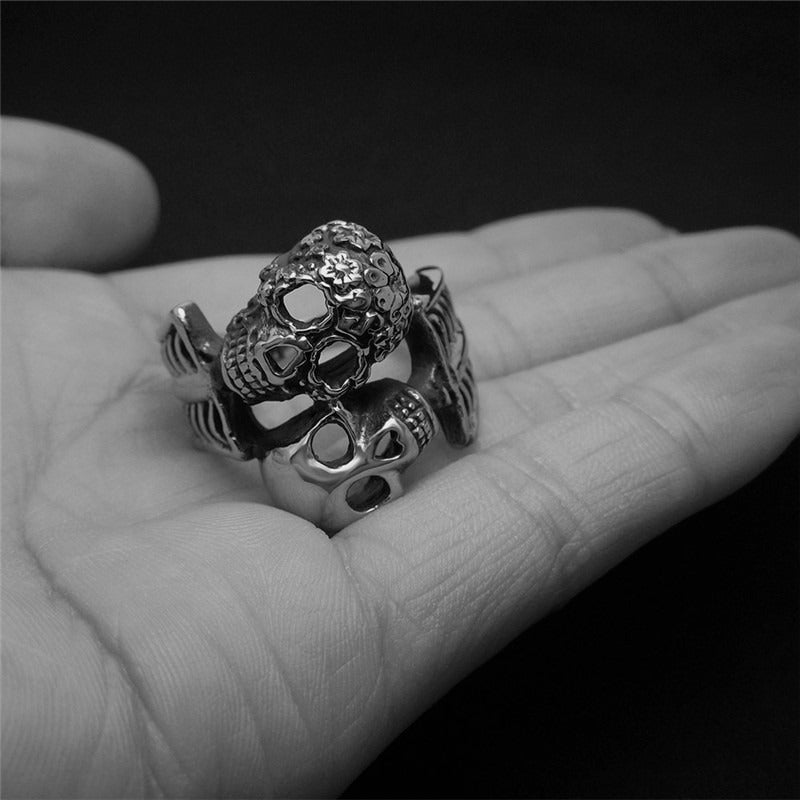 Double Skull Ring / Unique Design Vintage Stainless Steel Rings For Rocker / Biker Jewelry