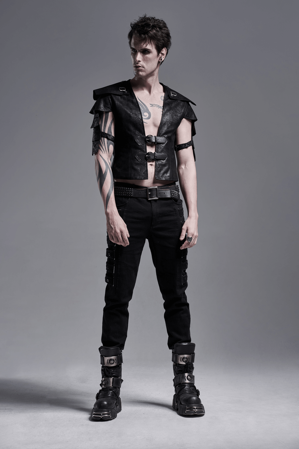 Edgy Black Leather Vest with Adjustable Straps