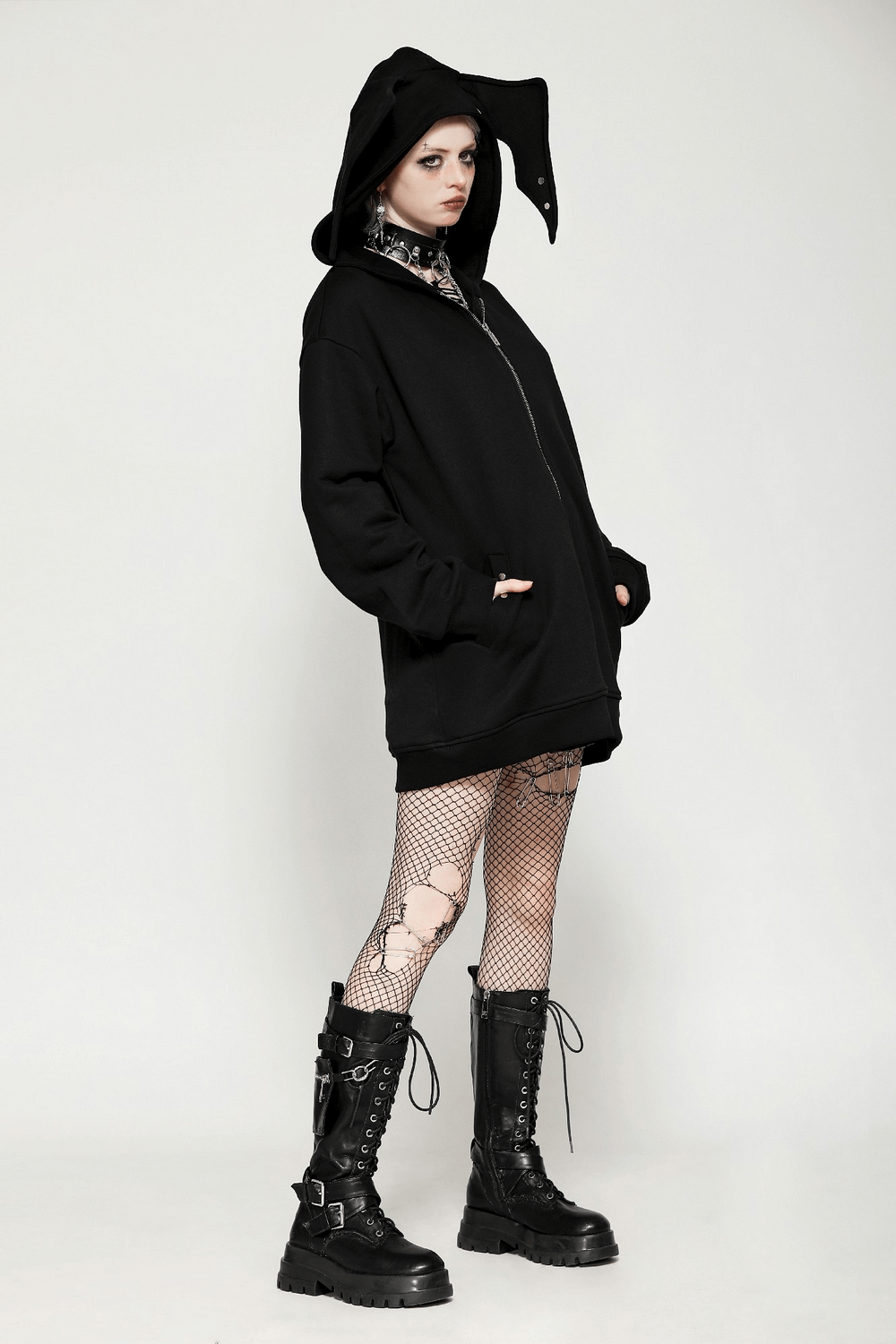 Edgy Gothic Batwing Zip-Up Loose Hoodie for Women