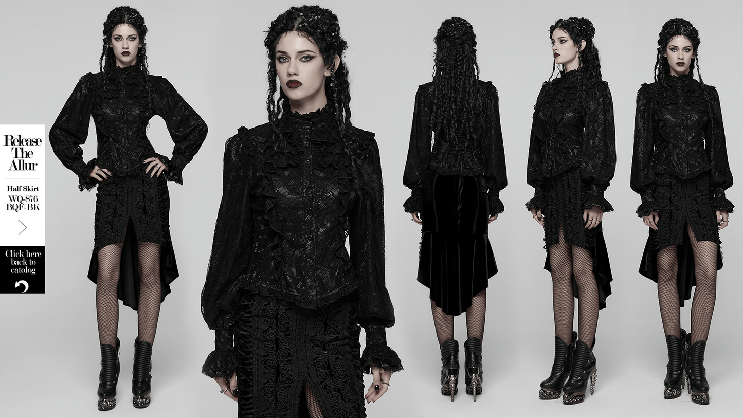 Elegant Black Lace Ruffled Gothic Long Sleeve Blouse